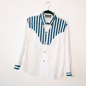 Vintage 80s/90s Ozark Mountain Jean Co Western Cutout Shirt /w Stripes & Fringe
